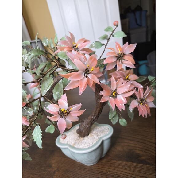 Vintage Chinese Glass Stone Jade Cherry Blossom Bonsai Tree Pink Flowers 14" - Picture 10 of 16